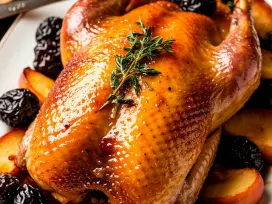 На фото изображено готовое блюдо «Утка с яблоками и черносливом» в миниатюре.