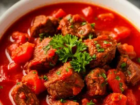 На фото изображено готовое блюдо «Коккинисто (Рагу из говядины по-гречески)» в миниатюре.